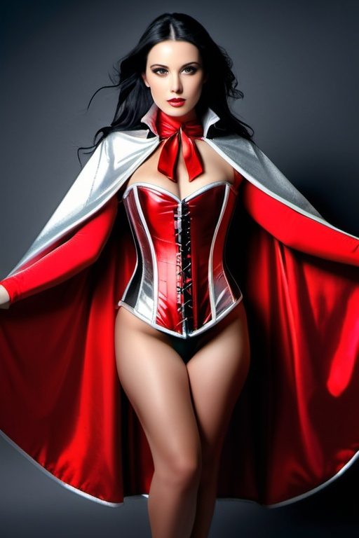 Prompt: ((long high collar shiny silver and red lined cloak tied at the neck)), delicate and beautiful , pretty girl , long black hair , silver corset and short skirt , RAW Photo , full colour , best quality , HDR , photographic , realism pushed to extreme , fine texture , ultrarealistic, film grain , full length , 8K , vogue,