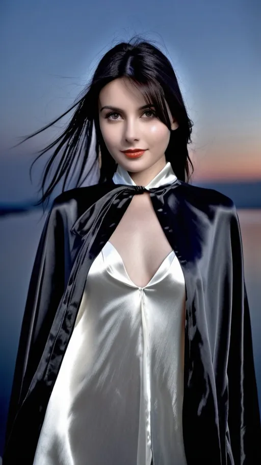 Prompt: long high collar shiny silver cloak tied at the neck , delicate and beautiful , pretty smiling girl , long black hair , (white satin chemise:1,9), RAW Photo , full colour , best quality , HDR , photographic , realism pushed to extreme , fine texture , ultrarealistic, film grain , full length , 8K , night , vogue,