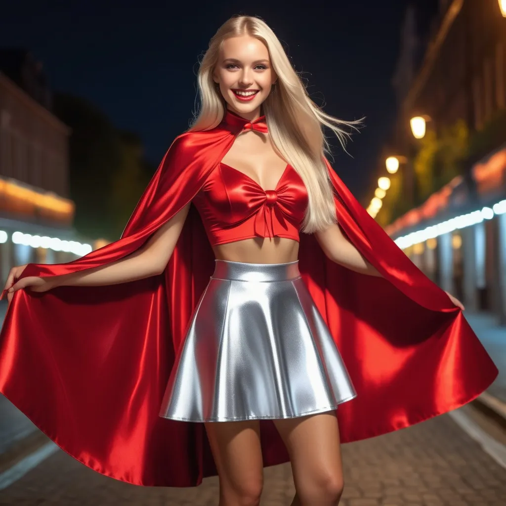 Prompt: floor length high collar shiny red cloak tied at the neck with ribbon , delicate and beautiful , breathtakingly beautiful smiling girl , long blonde hair , glossy silver crop top , glossy silver skater skirt , RAW Photo , full colour , best quality , HDR , photographic , realism pushed to extreme , fine texture , ultrarealistic, film grain , full length , 8K , night , vogue,