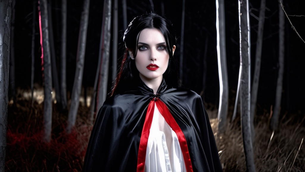 Prompt: long high collar shiny black and red cloak tied at the neck , delicate and beautiful , pretty vampire girl , long black hair , (white satin chemise:1,9), RAW Photo , full colour , best quality , HDR , photographic , realism pushed to extreme , fine texture , ultrarealistic, film grain , full length , 8K , night , vogue,