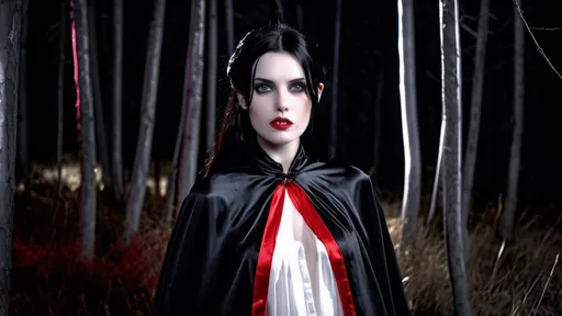 Prompt: long high collar shiny black and red cloak tied at the neck , delicate and beautiful , pretty vampire girl , long black hair , (white satin chemise:1,9), RAW Photo , full colour , best quality , HDR , photographic , realism pushed to extreme , fine texture , ultrarealistic, film grain , full length , 8K , night , vogue,