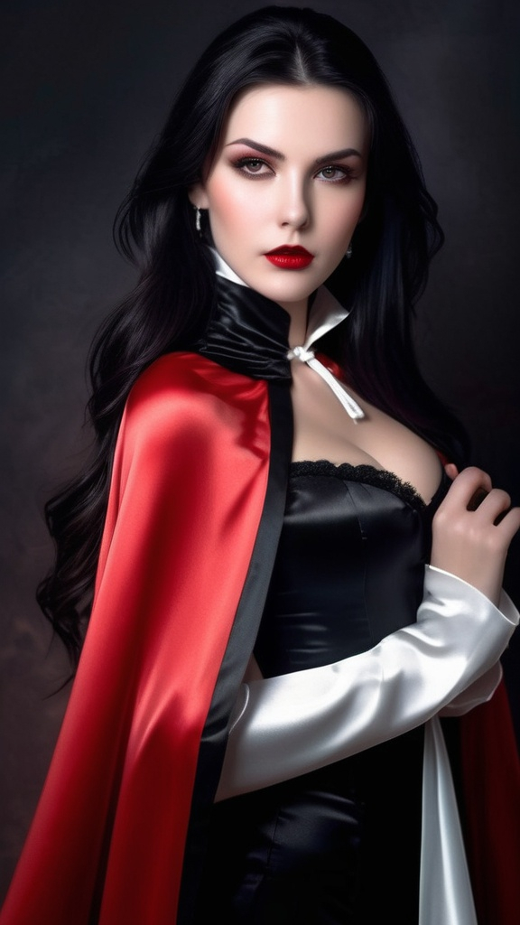 long high collar shiny black and red cloak tied at t...