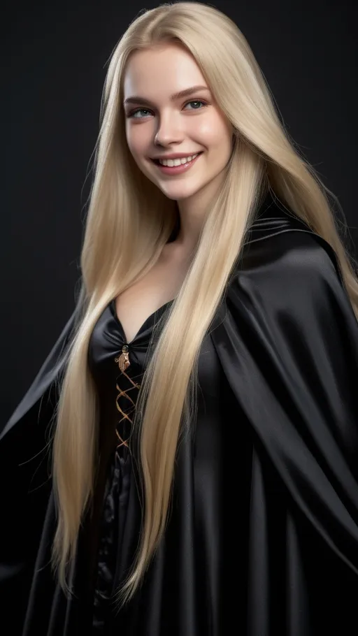 Prompt: Ultrarealistic , lifelike , highly detailed , photo of draculina smiling , long flowing blonde hair wearing a full length black satin cloak tied at the neck with clasp , full body shot
