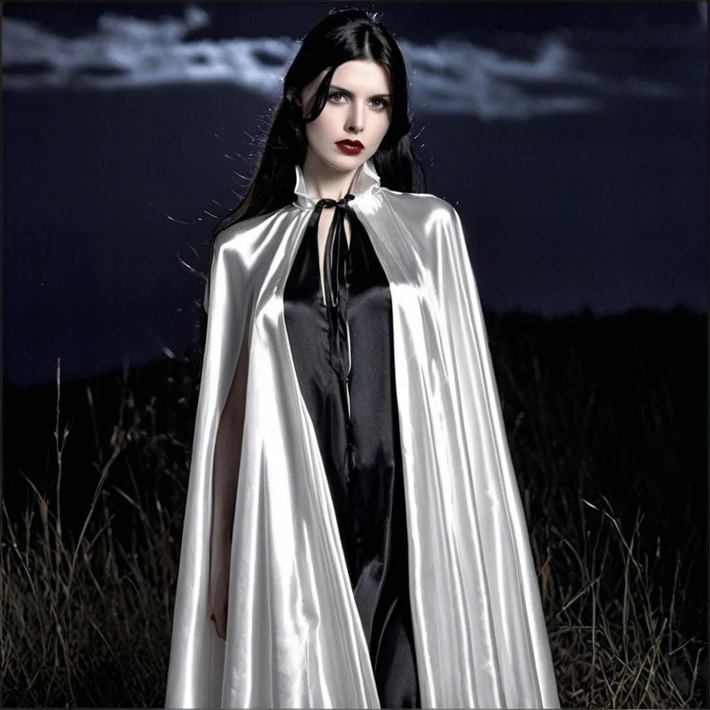Prompt: long high collar shiny silver cloak tied at the neck , delicate and beautiful , pretty vampire girl , long black hair , (white satin chemise:1,9), RAW Photo , full colour , best quality , HDR , photographic , realism pushed to extreme , fine texture , ultrarealistic, film grain , full length , 8K , night , vogue,