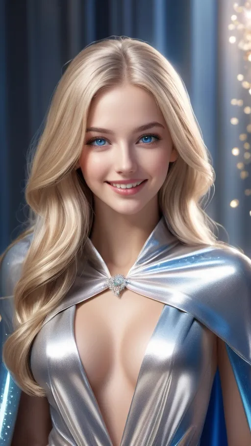 Prompt: young white woman smiling, wearing a floor length glossy silver cloak tied at the neck with ribbon , long blonde hair, blue eyes, athletic build, lifelike , ultra-realistic, full body showing, high-resolution portrait,  hyper detailed perfect face, full body, long legs, perfect body, high-resolution cute face, perfect proportions, intricate Hyperlink hair, sparkling, highly detailed, intricate Hyperlink shining eyes, Elegant, ethereal, graceful, HDR, UHD, high res, 64k, cinematic lighting, special effects,