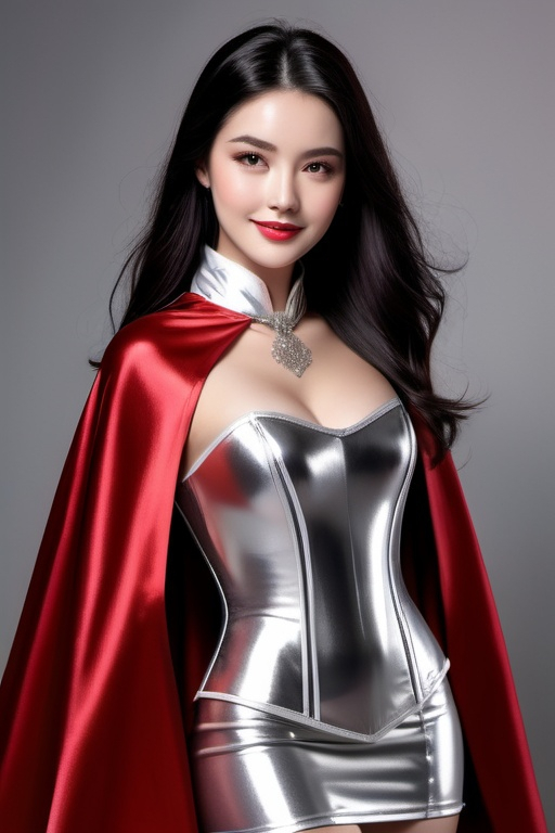 Prompt: ((long high collar shiny silver and red lined cloak tied at the neck)), delicate and beautiful , demure girl , long black hair , shyly smiling  , silver corset and short skirt , right arm sweeping cape to the left,  RAW Photo , full colour , best quality , HDR , photographic , realism pushed to extreme , fine texture , ultrarealistic, film grain , full length , 8K , vogue,