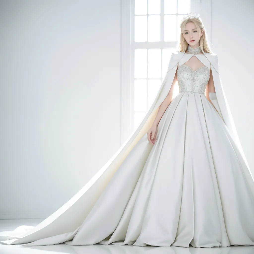 Prompt: Floor length high collar shiny white cloak tied at the neck , delicate and beautiful , beautiful girl , long blonde hair , elegant white ballgown , RAW Photo , full colour , best quality , HDR , photographic , realism pushed to extreme , fine texture , ultrarealistic, film grain , full length , 8K , night , vogue,