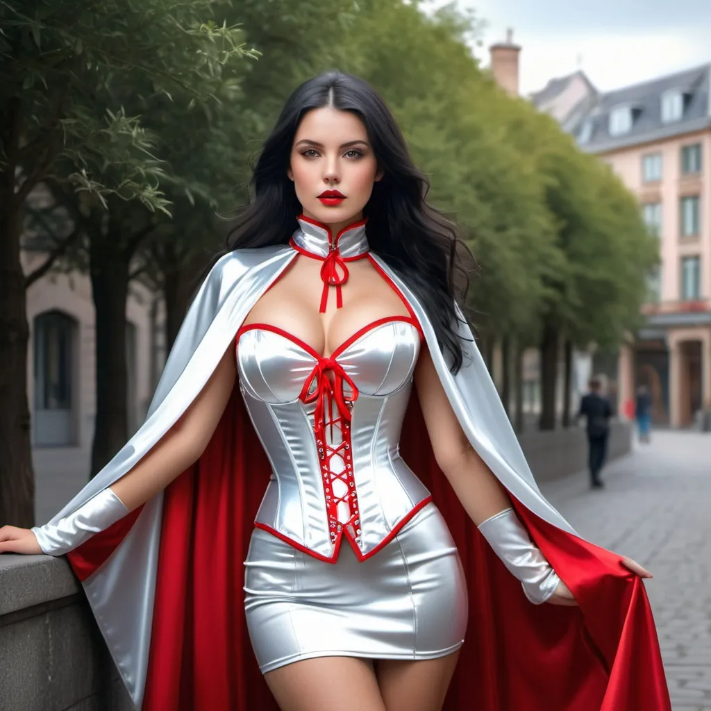 Prompt: ((long high collar shiny silver and red lined cloak tied at the neck)), delicate and beautiful , pretty girl , long black hair , silver corset and short skirt , RAW Photo , full colour , best quality , HDR , photographic , realism pushed to extreme , fine texture , ultrarealistic, film grain , full length , 8K , vogue,