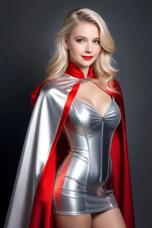Prompt: ((long high collar shiny silver and red lined cloak tied at the neck)), delicate and beautiful , demure girl , long windswept blonde hair , shyly smiling  , silver corset and short skirt , right arm sweeping cape to the left,  RAW Photo , full colour , best quality , HDR , photographic , realism pushed to extreme , fine texture , ultrarealistic, film grain , full length , 8K , vogue,