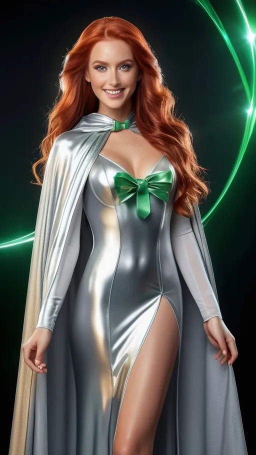 Prompt: young white woman smiling, wearing a floor length glossy silver cloak tied at the neck with ribbon , long red hair, green eyes, athletic build, ultra-realistic, full body showing, high-resolution portrait,  hyper detailed perfect face, full body, long legs, perfect body, high-resolution cute face, perfect proportions, intricate Hyperlink hair, sparkling, highly detailed, intricate Hyperlink shining eyes, Elegant, ethereal, graceful, HDR, UHD, high res, 64k, cinematic lighting, special effects,