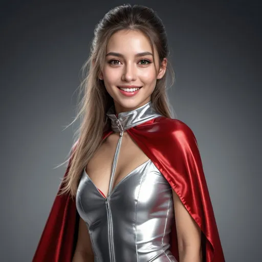 Prompt: (RAW photo, best quality, masterpiece, ultra-detailed, high res), (realistic),(extremely delicate and beautiful:1), mesmerizing woman with long hair in sleek high ponytail , (((wearing glossy silver and red lined cloak fastened at the neck :1.20))), , miniskirt , detailed features, smiling , expression of feelings, imaginative, highly detailed, extremely high-resolution details, photographic, realism pushed to extreme, fine texture, 4k, ultra-detailed, high quality, high contrast, full body shot
