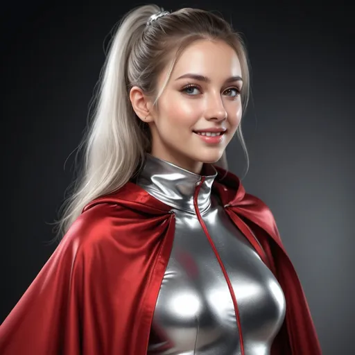 Prompt: (RAW photo, best quality, masterpiece, ultra-detailed, high res), (realistic),(extremely delicate and beautiful:1), mesmerizing woman with long hair in sleek high ponytail , (((wearing glossy silver and red lined cloak fastened at the neck :1.20))), , miniskirt , detailed features, smiling , expression of feelings, imaginative, highly detailed, extremely high-resolution details, photographic, realism pushed to extreme, fine texture, 4k, ultra-detailed, high quality, high contrast, full body shot