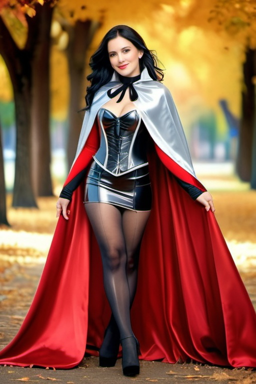 Prompt: ((long high collar shiny silver and red lined cloak tied at the neck)), delicate and beautiful , demure girl , long black hair , shyly smiling  , silver corset and short skirt , right arm sweeping cape to the left,  RAW Photo , full colour , best quality , HDR , photographic , realism pushed to extreme , fine texture , ultrarealistic, film grain , full length , 8K , vogue,