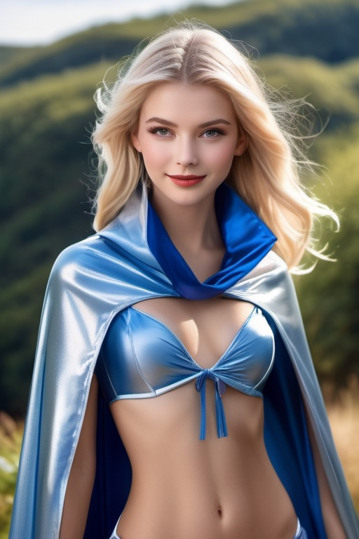 Prompt: ((long high collar shiny silver and blue lined cloak tied at the neck)), delicate and beautiful , demure girl , long windswept blonde hair , shyly smiling  , silver corset and short skirt , right arm sweeping cape to the left,  RAW Photo , full colour , best quality , HDR , photographic , realism pushed to extreme , fine texture , ultrarealistic, film grain , full length , 8K , vogue,