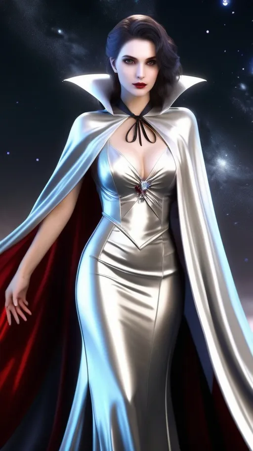 Prompt: Enchanted, Radiant, Majestic, 3D, HD, Cinematic lighting, (Beautiful {vampire}Female, wearing floor length silver satin cape tied at the neck with ribbon , {liquid}silver jade ivory sapphire), expansive starry background beautiful dark chaos, hyper realistic, 8K --s98500