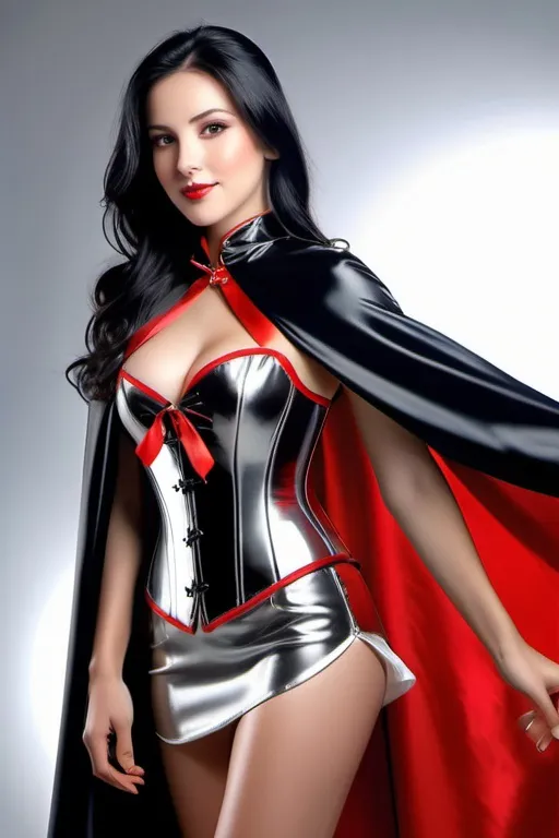 Prompt: ((long high collar shiny silver and red lined cloak tied at the neck)), delicate and beautiful , demure girl , long black hair , shyly smiling  , silver corset and short skirt , right arm sweeping cape to the left,  RAW Photo , full colour , best quality , HDR , photographic , realism pushed to extreme , fine texture , ultrarealistic, film grain , full length , 8K , vogue,