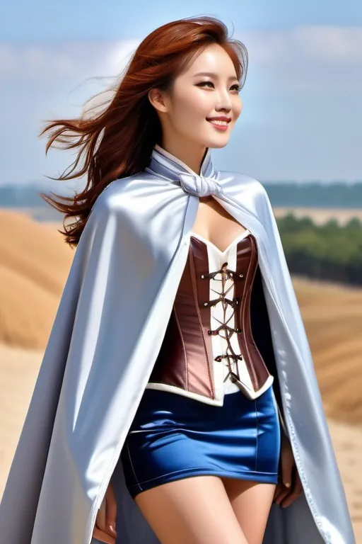 Prompt: ((long high collar shiny silver lined cloak tied at the neck)), delicate and beautiful , demure chinese girl , long windswept auburn hair , smiling, silver corset and short skirt , right arm sweeping cape to the left,  RAW Photo , full colour , best quality , HDR , photographic , realism pushed to extreme , fine texture , ultrarealistic, film grain , full length , 8K , vogue,