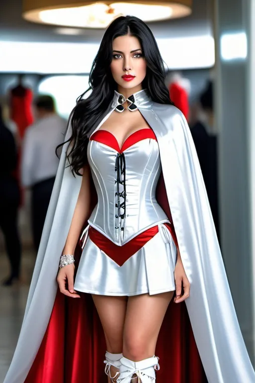Prompt: ((long high collar shiny silver and red lined cloak tied at the neck)), delicate and beautiful , pretty girl , long black hair , silver corset and short skirt , right arm sweeping cape to the left,  RAW Photo , full colour , best quality , HDR , photographic , realism pushed to extreme , fine texture , ultrarealistic, film grain , full length , 8K , vogue,