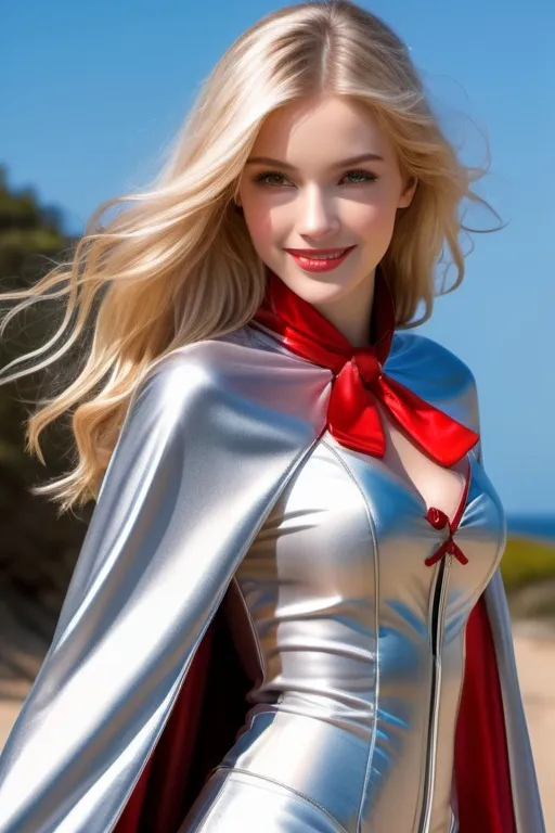 Prompt: ((long high collar shiny silver and red lined cloak tied at the neck)), delicate and beautiful , demure girl , long windswept blonde hair , shyly smiling  , silver corset and short skirt , right arm sweeping cape to the left,  RAW Photo , full colour , best quality , HDR , photographic , realism pushed to extreme , fine texture , ultrarealistic, film grain , full length , 8K , vogue,