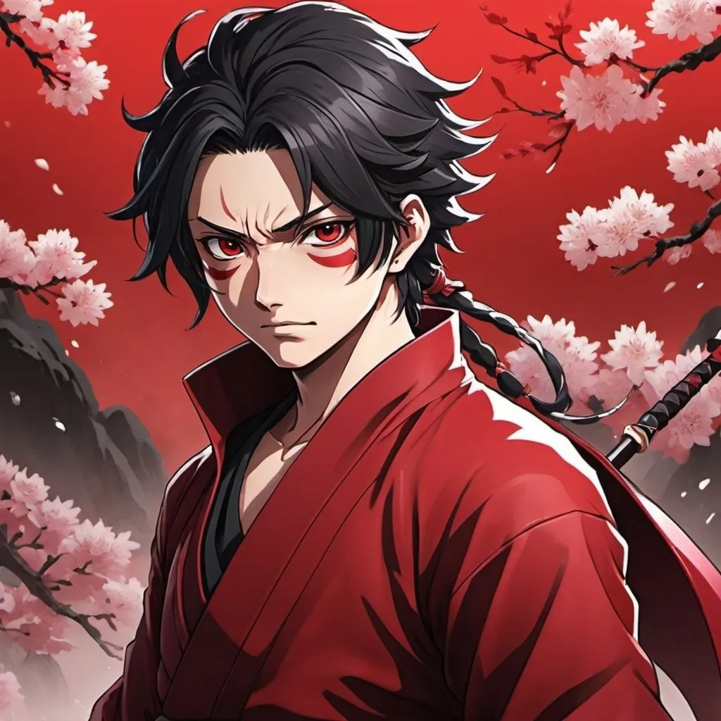 Prompt: "Create an image of Giyu Tomioka from Demon Slayer, with a dominant red color theme. Giyu should be depicted in his usual Water Hashira attire, but the colors should be adjusted to various shades of red. The background should also incorporate red elements, such as red mist, cherry blossoms, or an abstract red pattern. The overall mood of the image should be intense and dramatic, with a focus on Giyu's calm and stoic expression."