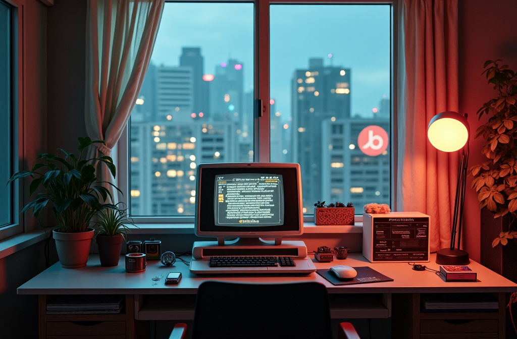 Prompt: retro computer on desk which is in front of window. cyberpunk fashion city outside window