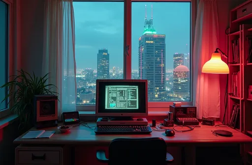 Prompt: retro computer on desk which is in front of window. cyberpunk fashion city outside window