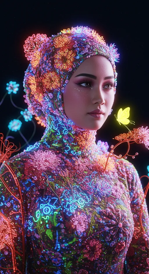 Prompt: Realistic photo of an indonesian beautiful hijaber woman in colorfull mixed flower hybrids, flower heads, amazing hijab, glitter translucent, bioluminescent neck, cute japan ((pink::orange::purple::blue)) fantastic georgeus wonderflower hybrid, spring fest dresses with biological brain cells, celestial, atom trees connected with neon-like background, neutron flowers around, yellow magical butterfly's fairy-like perched, mandelbulb flowers and trees, ash thorp, biophilia