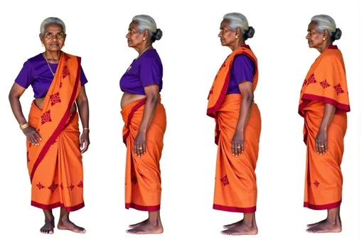 Prompt: A full-body character sheet of documentary photography elderly woman 4346a520 with gray hair, gold earrings, purple blouse, orange and red patterned sari displayed in three clear views on a clean white background, arranged in a three-column grid pattern with equal spacing and importance. Left panel: front view showing complete anatomical details and outfit. Center panel: perfect 90-degree side view (profile) clearly showing the character's side silhouette, facial profile, and outfit from a direct lateral perspective. Right panel: back view revealing posterior details Each view maintains consistent scale, lighting, and full-body presentation from head to toe. All three perspectives must be equally detailed and given equal prominence in the composition.
