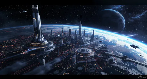 Prompt: A vast futuristic city in space, orbiting an Earth-like planet glowing with oceans and continents. The city consists of towering skyscrapers enclosed under shimmering protective domes, their lights twinkling like stars. Massive platforms extend outward, serving as docking stations where sleek spacecraft are moored. Smaller shuttles zip gracefully through the void, leaving glowing trails as they weave between the structures. The scene is illuminated by the planet’s reflected light, with distant stars and nebulae adding depth to the cosmic backdrop. Hyper-detailed, cinematic lighting, ultra-realistic, epic scale.