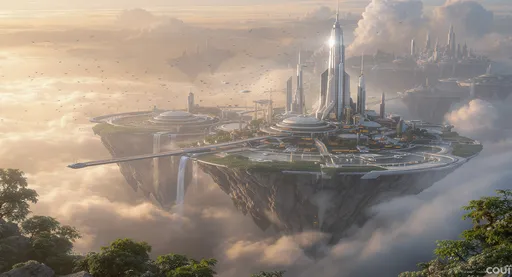 Prompt: A breathtaking futuristic cityscape built upon massive floating islands, suspended high above the clouds. Towering glass and steel skyscrapers rise from the lush green surfaces, connected by elegant bridges stretching between the hovering landmasses. Waterfalls cascade from the edges, spilling into the mist below. Sleek flying cars streak through the sky while flocks of birds glide gracefully across the horizon. The scene is bathed in the warm glow of a sunrise (or sunset), casting golden and crimson hues across the architecture. Hyperrealistic detail with cinematic volumetric lighting, dramatic atmosphere, and a sense of awe-inspiring wonder.