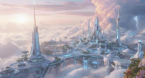Prompt: A breathtaking futuristic cityscape floating in and above the clouds, designed in a bright utopian style. Towering skyscrapers emerge through towering cumulonimbus clouds, their spires topped with observation decks and energy beacons. Suspended platforms and floating districts are connected by glowing skybridges, each district with a unique theme — lush hanging gardens, bustling open-air markets, and sleek research domes. Architecture blends ancient and futuristic design: massive ziggurats and ornate temples are infused with shimmering high-tech panels, kinetic solar arrays, and glowing runes etched into stone. The city gleams in polished white marble and chrome, accented by transparent domes and crystal walkways with glowing energy conduits beneath. Above, a pastel sunrise paints the sky in warm golds, soft pinks, and purples fading into deep blue, while two radiant suns cast beams of golden light across the skyline. Mist drifts between buildings, reflecting the light in iridescent hues. Anti-gravity skiffs and personal drones glide between towers, birds soar gracefully through the open air, and waterfalls cascade from the floating platforms into the billowing clouds below. In the distance, lightning flickers deep inside the storm layer, illuminating the vast expanse of sky. Hyper-detailed, cinematic lighting, ultra-realistic textures, 16k resolution.