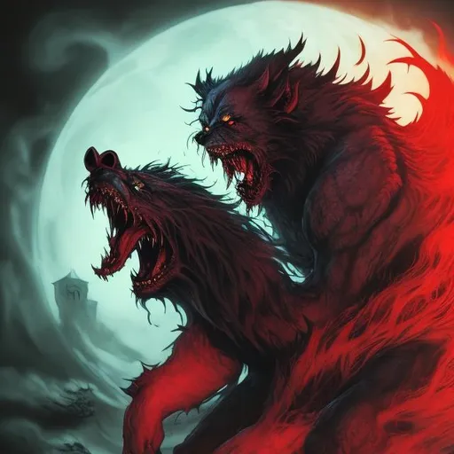 Prompt: Scary werewolf woman with red water, dark fur, creepy and evil, fangs and drool