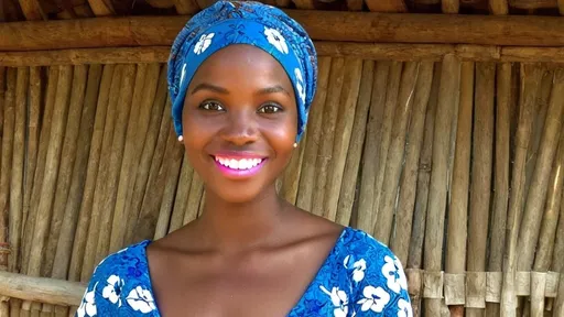 Prompt: A captivating photograph of 22-year-old Ada, an African woman with an oval face, narrow jawline, pink full lips, and dark caramel skin. Her light brown eyes shine with excitement and curiosity as she looks at the camera with a warm smile. Ada wears a simple, vibrant blue Ankara gown and a white floral turban, looking radiant and relaxed in front of her thatched village hut. Cooking in the kitchen