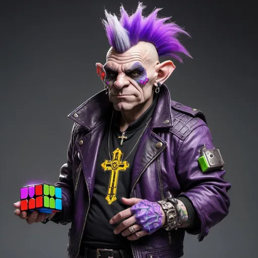Prompt: A large, cyberpunk troll who is a Catholic cleric with a purple mohawk and leather jacket with a rubix cube