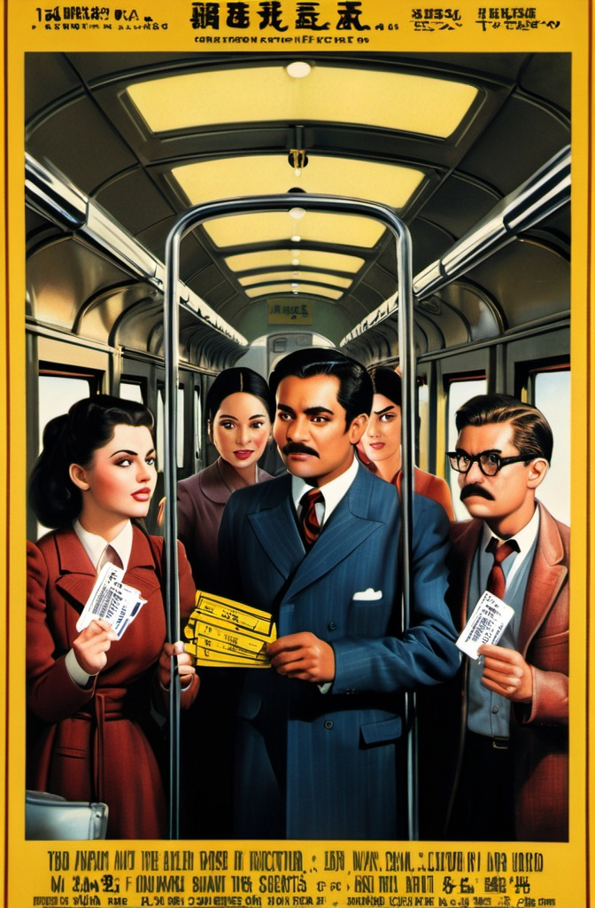 Prompt: Movie poster of six people riding a train with a ticket collector in the middle