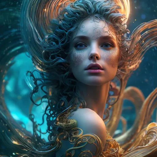 Prompt: beautiful woman Queen of the fae, in the ocean, in spiral wave water, background glorious, perfect face, realistic, full body, standing on ground, circuit board, in intricate clothing, fantasy, illustration, artstation, very complex hyper-maximalist, overdetailed, cinematic, tribal, darkfantasy, 8k resolution, Ultra-detailed 3D Octane Render, photorealistic concept art, Sharp Focus, Perfect Composition, intense shadows, intense lighting, wallpaper, HDR, high quality, high-definition