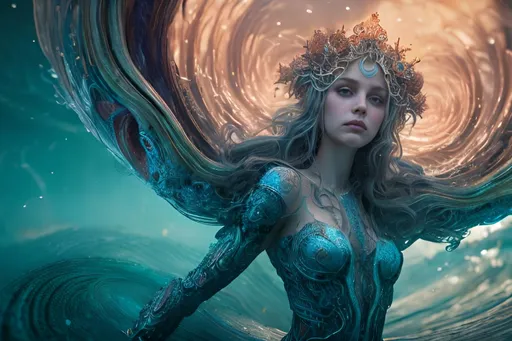 Prompt: beautiful woman Queen of the fae, in the ocean, in spiral wave water, background glorious, perfect face, realistic, full body, standing on ground, circuit board, in intricate clothing, fantasy, illustration, artstation, very complex hyper-maximalist, overdetailed, cinematic, tribal, darkfantasy, 8k resolution, Ultra-detailed 3D Octane Render, photorealistic concept art, Sharp Focus, Perfect Composition, intense shadows, intense lighting, wallpaper, HDR, high quality, high-definition