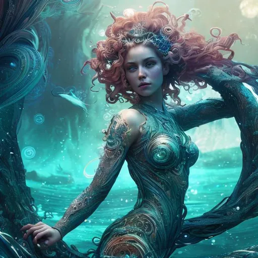 Prompt: beautiful woman Queen of the fae, in the ocean, in spiral wave water, background glorious, perfect face, realistic, full body, standing on ground, circuit board, in intricate clothing, fantasy, illustration, artstation, very complex hyper-maximalist, overdetailed, cinematic, tribal, darkfantasy, 8k resolution, Ultra-detailed 3D Octane Render, photorealistic concept art, Sharp Focus, Perfect Composition, intense shadows, intense lighting, wallpaper, HDR, high quality, high-definition