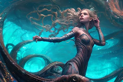 Prompt: beautiful woman Queen of the fae, in the ocean, in spiral wave water, background glorious, perfect face, realistic, full body, standing on ground, circuit board, in intricate clothing, fantasy, illustration, artstation, very complex hyper-maximalist, overdetailed, cinematic, tribal, darkfantasy, 8k resolution, Ultra-detailed 3D Octane Render, photorealistic concept art, Sharp Focus, Perfect Composition, intense shadows, intense lighting, wallpaper, HDR, high quality, high-definition