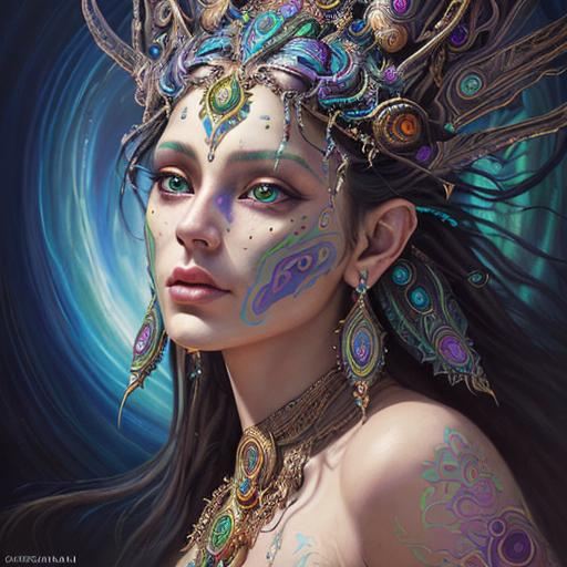 Prompt: Oil painting of a majestic goddess inspired by psytrance music and culture. Her facial features are intricately detailed, capturing every emotion. The surrounding environment is a colorful blend of realism and fantasy, with each element meticulously crafted, reflecting the fantastic grotesque style.