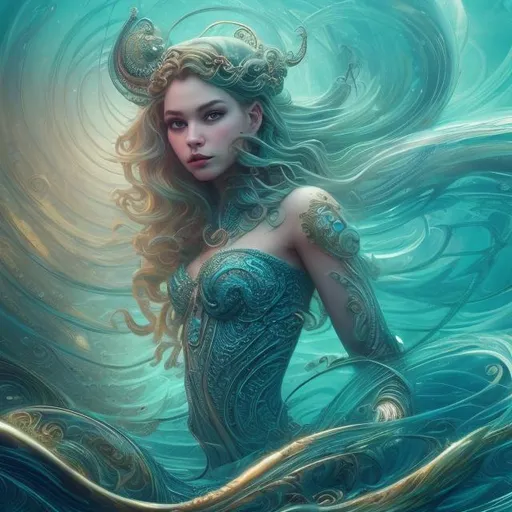 Prompt: beautiful woman Queen of the sea, in the ocean, in spiral wave water, background glorious, perfect face, realistic, full body, standing on ground, circuit board, in intricate clothing, fantasy, illustration, artstation, very complex hyper-maximalist, overdetailed, cinematic, tribal, darkfantasy, 8k resolution, Ultra-detailed 3D Octane Render, photorealistic concept art, Sharp Focus, Perfect Composition, intense shadows, intense lighting, wallpaper, HDR, high quality, high-definition