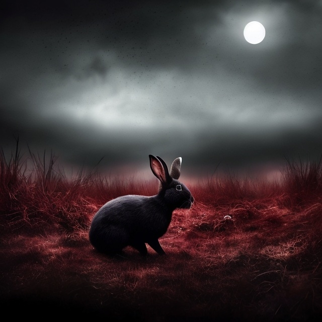 Prompt: (breathtaking drawing), portrait of a black rabbit, (reddish eyes), in a (gloomy) barren landscape, (half-filled blood moon) leaking onto a desolate meadow, stark contrast of (black, white, and red) with shades of gray, haunting atmosphere, (highly detailed), evokes a sense of eerie serenity and despair, sharp features of the rabbit accentuated, foreboding shadows surrounding the landscape. Blurry

Make it so we believe it is a child who made it