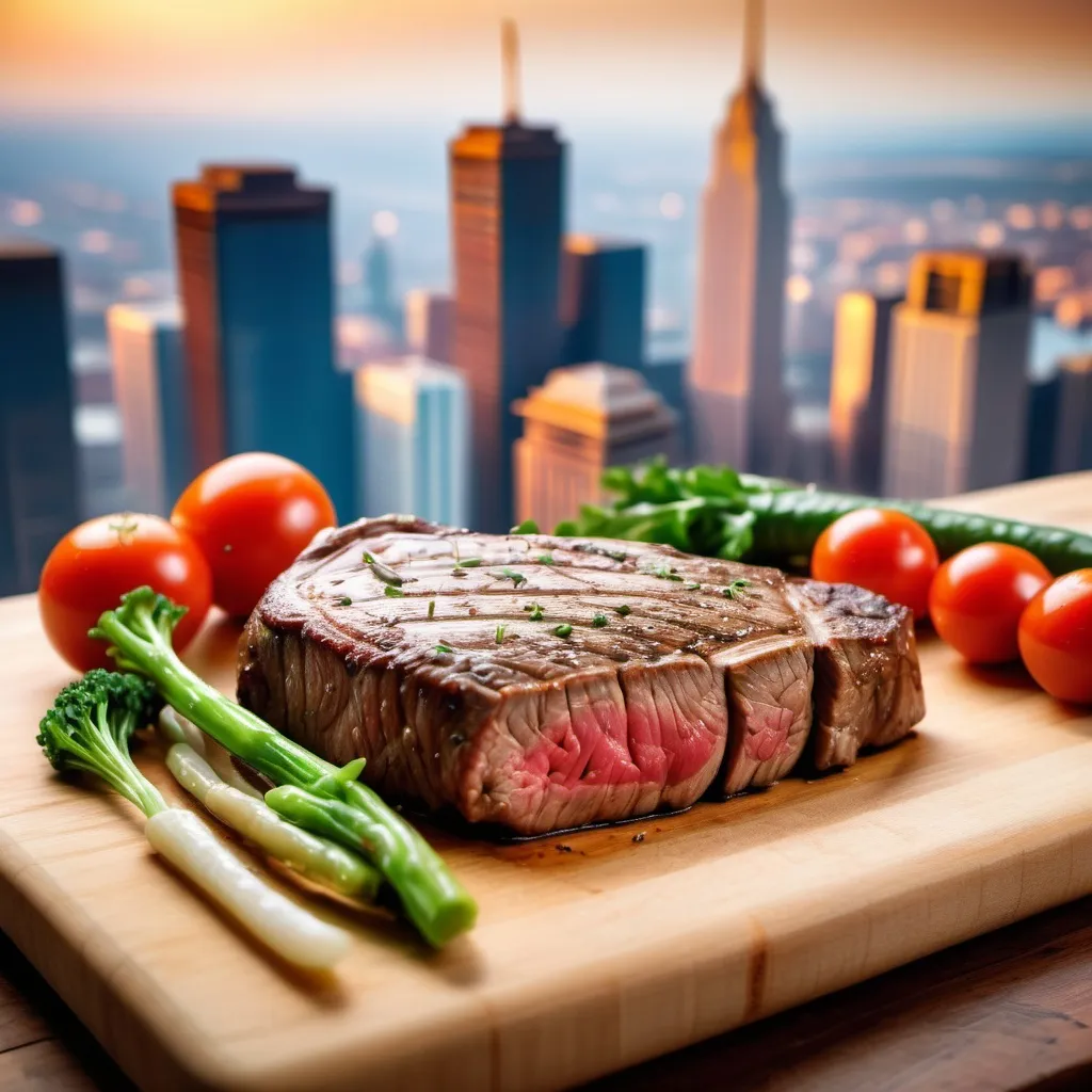 Prompt: A juicy steak on a wooden cutting board surrounded by fresh vegetables, with a blurred cityscape at the background 