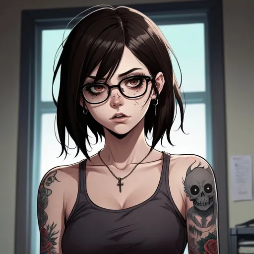 Prompt: 2d dark j horror anime style, anime scene, 18 year old female, dark brown hair, black eyes with square glasses, pale skin and an slim but toned body. With tattoos and piercings.