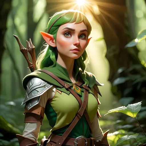 Prompt: Elf ranger in a mystical forest around sunlight