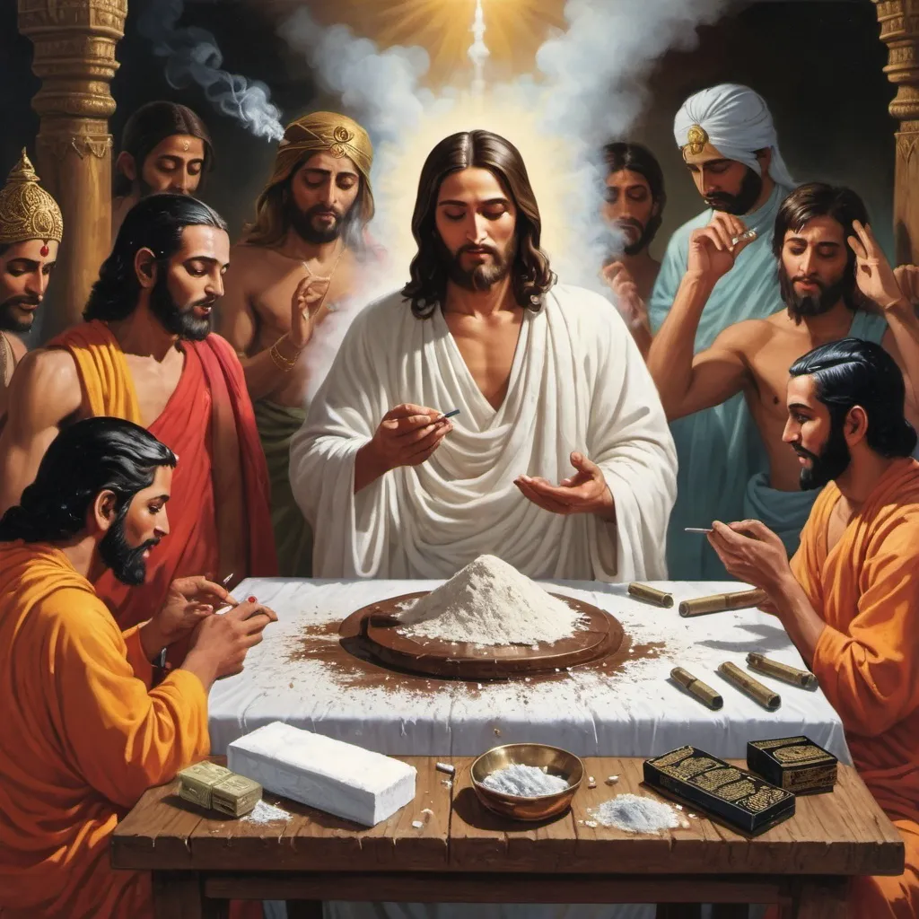 Prompt: huge line of cocaine on table. Jesus and muhammad are looking eagerly. Krishna is smoke opium. Buddha is injecting heroin