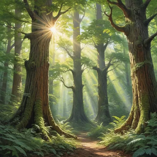 Prompt: Realistic, beautiful forest scene, vibrant green foliage, sunlight streaming through the canopy, tall ancient trees, detailed bark texture, realistic wildlife, high quality, realism, vibrant colors, sunlight filtering through foliage, ancient trees, detailed textures, lush greenery