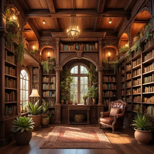 Prompt: Fantasy-style wooden library filled with history and fantasy books, shelves adorned with succulent pots, rich and warm color tones, magical lighting, detailed wood textures, high quality, fantasy, detailed book covers, whimsical, enchanting, warm lighting, detailed plants, atmospheric lighting