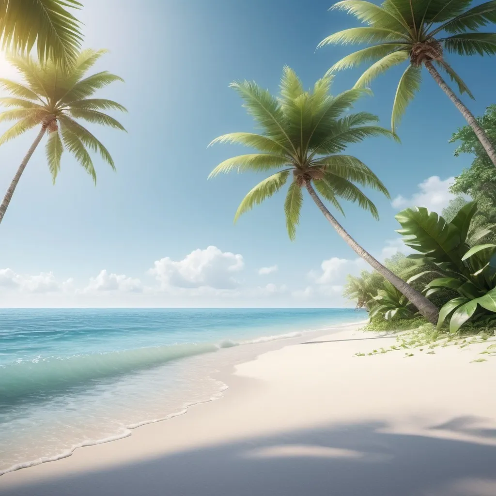 Prompt: Realistic beach scene with white sand, clear transparent water, tropical palm trees, gentle waves, realistic rendering, sandy beach, crystal clear ocean water, tropical foliage, high quality, realistic style, serene atmosphere, natural lighting