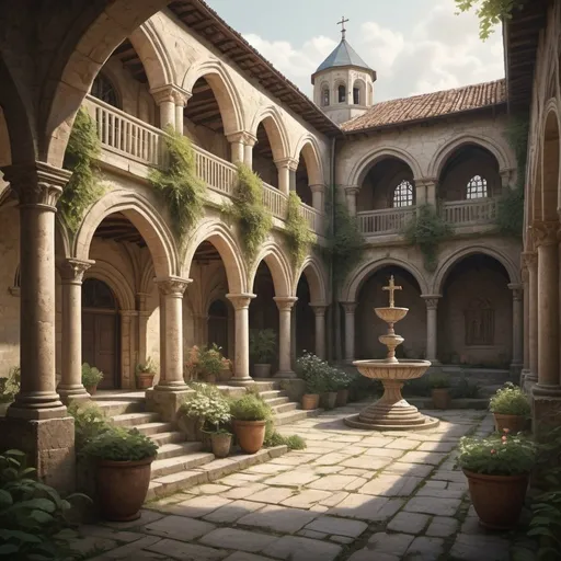 Prompt: Realistic illustration of a monastery courtyard, lovely garden, ancient stone architecture, tranquil atmosphere, intricate details, high quality, realism, peaceful ambiance, muted earthy tones, natural lighting, serene, historical, detailed textures, professional, atmospheric lighting